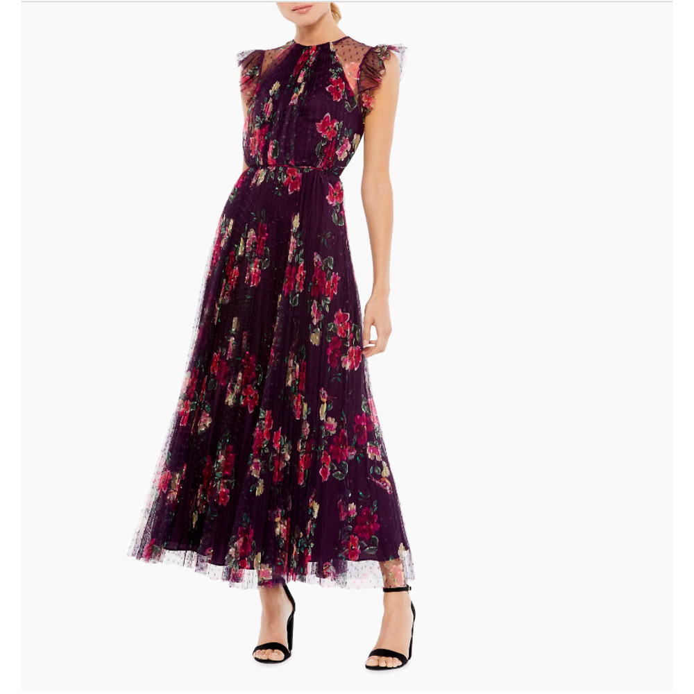 Mac Duggal Ieena Cap Sleeve Floral A-Line Dress Small NEW